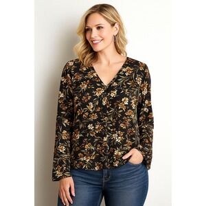 Forever 21 Womens Floral V-Neck Blouse Small Long Sleeve Boho Casual Top Chic US
